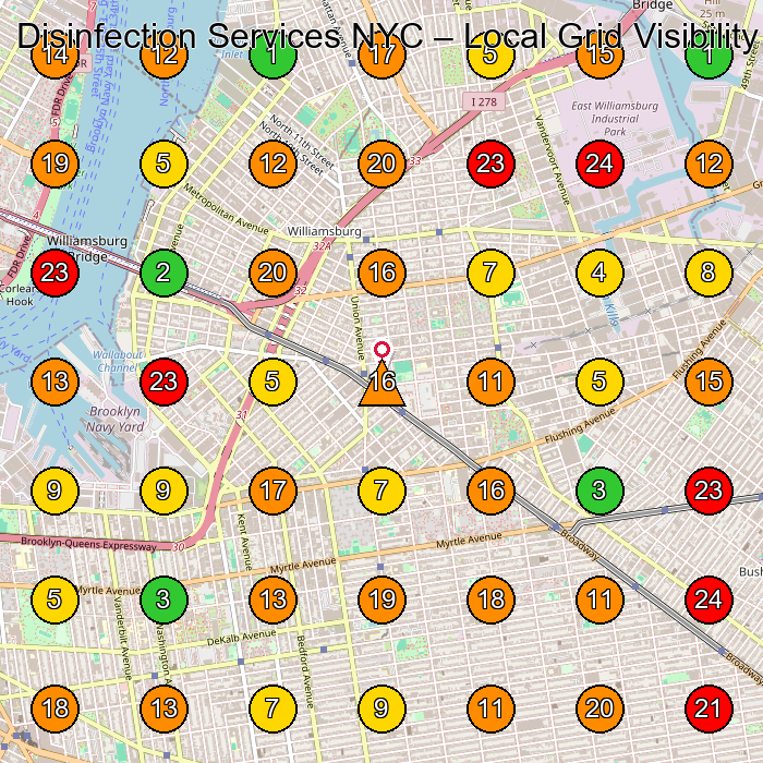 Disinfection Services NYC Commercial Cleaning Service GeoGrid ranking map for Brooklyn NY